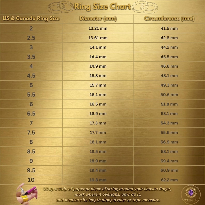 May include: A gold-toned ring size chart with US and Canada ring sizes, diameter in millimeters, and circumference in millimeters. Includes instructions on how to measure a finger for ring size. The chart ranges from size 2 to 10.