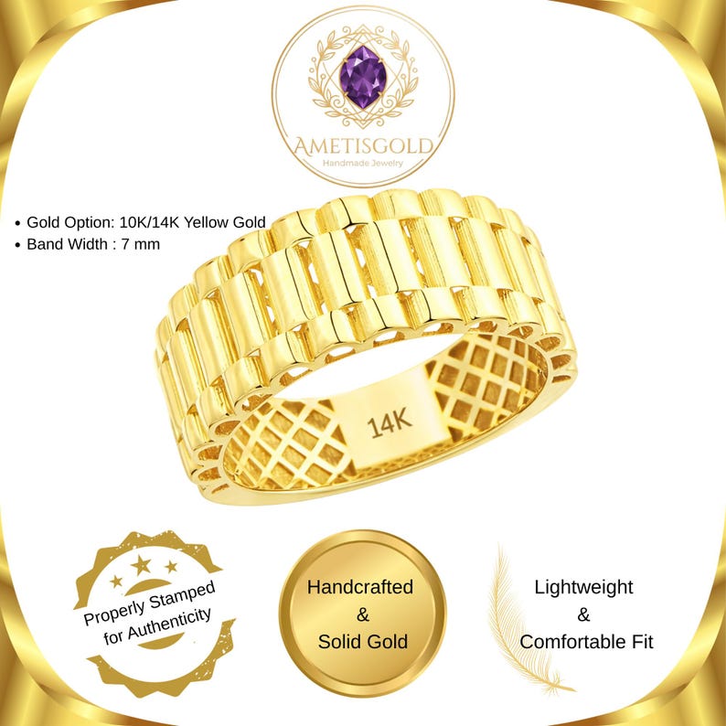 May include: A yellow gold ring with a textured, rectangular design. The ring is stamped with "14K" and has a band width of 7 mm. The ring is handcrafted and made of solid gold. The ring is lightweight and has a comfortable fit.