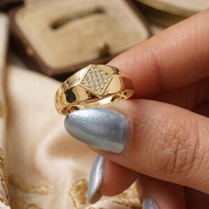14K Solid Gold Diamond Shape Signet Ring, Pave CZ Rhombus Pinky Ring, Geometric Statement Band, Luxury Everyday Gift for Him Husband Women image 3