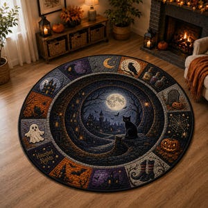 May include: A round area rug featuring a central scene of a black cat sitting on a stone ledge under a full moon, surrounded by a border of square panels depicting Halloween motifs like ghosts, pumpkins, a haunted house, and the text Haunted Nights.