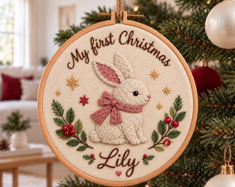 Pode incluir: Um enfeite de Natal em bastidor de madeira com fundo de tecido creme. Apresenta um coelho branco bordado com um cachecol rosa, rodeado por folhas de azevinho verdes, bagas vermelhas e estrelas douradas. O texto diz My first Christmas e Lily.