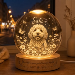 Pode incluir: Uma luz noturna esf&eacute;rica de vidro com o retrato gravado de um c&atilde;o rodeado por margaridas e borboletas. O nome Sahi est&aacute; gravado no topo. A base de madeira cont&eacute;m o texto You left a paw print on our hearts 2017 2026.