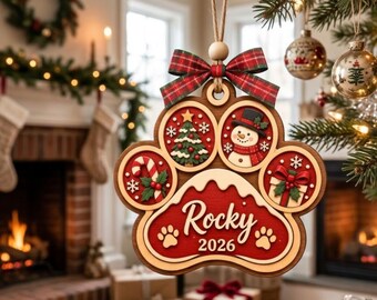 Personalized Dog Paw Ornament, 2 layer Christmas Decor, Custom Pet Name Sign, Holiday Keepsake, Cute Xmas Bauble, GIFT 2026