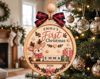 Personalized Baby First Christmas Ornament, 2 layer Wood Holiday Decor, Custom Name Keepsake, Cute Animal Xmas Bauble, gift 2026
