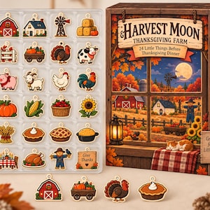 Puede incluir: Un calendario de Adviento Harvest Moon Thanksgiving Farm con 24 dijes de madera que representan animales de granja, productos agrícolas e iconos festivos. La caja muestra una escena de granja otoñal. Cuatro dijes sueltos están al frente.