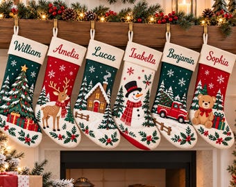 Personalized Christmas Stocking, Custom Name Holiday Decor,  Xmas Stocking, Family Holiday Gift, Cute Winter Character Decor