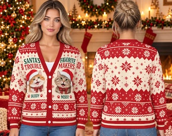 Personalized Cat Christmas Cardigan, Custom Pet Names, Red And Cream Snowflake Print, Festive Holiday Clothing