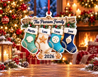 Personalized Family Christmas Stocking Acrylic Ornament, Custom Names Coastal Seashell Decor, 3D Relief Keepsake, Gift 2026