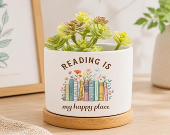 La lettura è il mio luogo felice. Vaso per piante grasse con graziosi fiori, impilatore di libri, vaso in ceramica, decorazione per biblioteca, regalo per insegnanti.