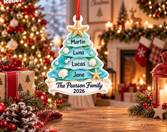Personalized Family Christmas Tree Acrylic Ornament, Custom Names Coastal Seashell Decor, 3D Relief Holiday Keepsake, Gift 2026