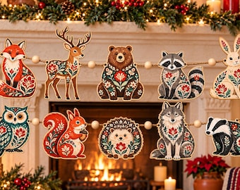 Woodland Animals Wooden Christmas Garland, Rustic Forest Animal Ornaments, Scandinavian Folk Art Mantel Decor, Gift 2026