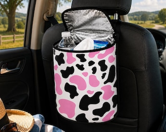 Bolsa organizadora para carro com estampa de vaca rosa, lixeira térmica para veículo, porta-lenços para viagem no banco traseiro, à prova de vazamentos.