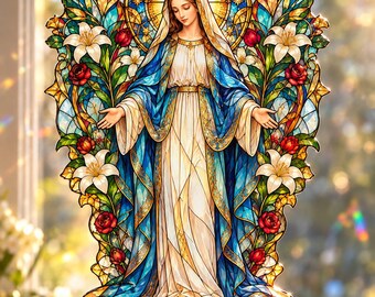 Catholic Virgin Mary Stained Glass Window Hanging - Blessed Mother Sun Catcher - Decor