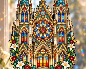 Custom Name Gothic Church Stained Glass Panel - Personalized Catholic Window Art - Gift