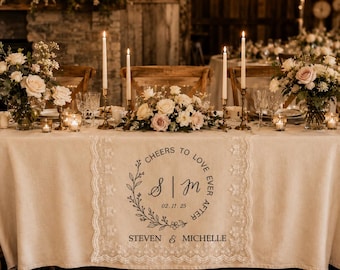 Personalized Wedding Welcome Banner Custom Couple Names Lace Borders Tabletop Banner Cheers To Love Ever After Reception Entryway Poster