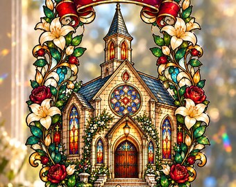 Christian Church Sun Catcher - Personalized Name Stained Glass Window Hanging - Present