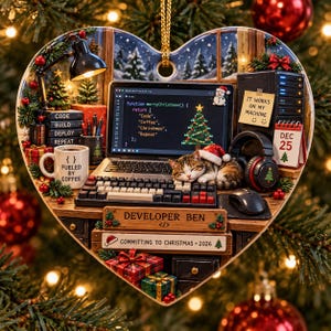 Adorno navideño personalizado para desarrolladores, recuerdo de cerámica en forma de corazón con relieve 3D, regalo personalizado para programadores, decoración navideña para ingenieros de software.
