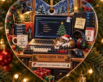 Pode incluir: Um enfeite de Natal em forma de coração com uma secretária, um portátil com código, um gato a dormir com gorro de Pai Natal, uma caneca com FUELED BY COFFEE, um post-it com IT WORKS ON MY MACHINE e placas com DEVELOPER BEN e COMMITTING TO CHRISTMAS 2026.