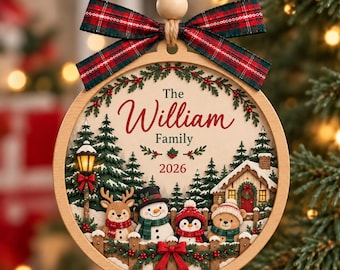 Personalized Wood Ornament, 2 layer Christmas Decor, Custom Family Name Sign, Holiday Keepsake, Cute Winter Scene Bauble,  GIFT 2026