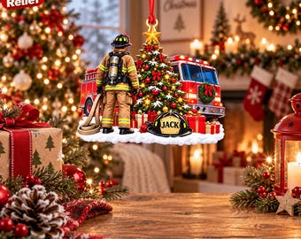 Personalized Firefighter Christmas Acrylic Ornament, Custom Name Fire Truck 3D Relief Keepsake, Fireman Holiday Gift, Gift 2026