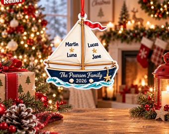 Personalized Family Sailboat Acrylic Ornament, Custom Names Coastal Christmas Decor, 3D Relief Nautical Keepsake, Gift 2026