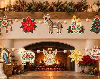 Mexican Christmas Wooden Garland, Traditional Folk Art Ornaments, Colorful Nativity Holiday Mantel Decor, Gift 2026