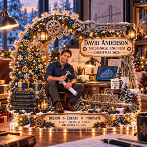 May include: A decorative display featuring a mechanical engineer theme with a gear-shaped arch, a Christmas tree, and a bridge structure. It includes text reading David Anderson, Mechanical Engineer, Christmas 2026, and Design, Create, Innovate, Love, Emma & Noah.