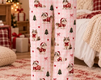 Personalized Christmas Cat Pajama Pants Custom Holiday Sleepwear Pink Plaid Cute Lounge Pants For Cat Lover Women Gift