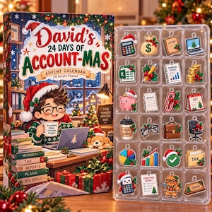 Gepersonaliseerde kerstkalender voor accountants, 24 acryl bedeltjes, cadeau voor registeraccountants, aandenken voor boekhouders, kerstcadeau voor accountants