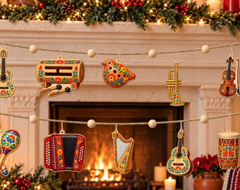 Wooden Christmas Garland With Mexican Musical Instruments, Colorful Folk Art Ornaments, Festive Mantel Decor, Gift 2026