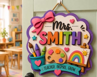 Custom Art Teacher Door Sign Personalized Palette Wood Plaque Rainbow Classroom Wall Hanging Teacher Inspire Grow Appreciation Gift