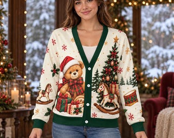 Personalized Bear Christmas Cardigan, Vintage Xmas Tree Outerwear, Holiday Teddy Bear Sweater Gift for Women, Gift 2026