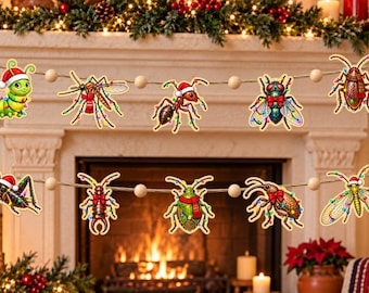 Christmas Bug Wooden Garland, Festive Insect Ornaments With Colorful Lights, Whimsical Holiday Mantel Decoration, Gift 2026