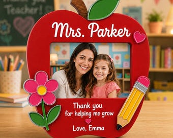 Porta-retratos personalizado em formato de maçã para professores, placa personalizada com nome "Obrigado por me ajudar a crescer", porta-retratos de madeira para presente de fim de ano.