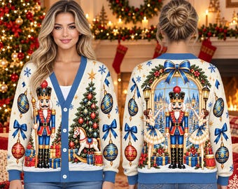 Vintage Nutcracker Cardigan, Christmas Soldier And Ballerina Print, Blue Trim Holiday Outfit, Festive Gift For Her