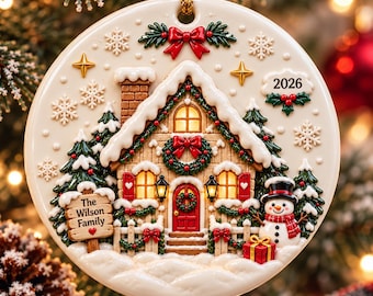 Pode incluir: Um enfeite de Natal redondo em cerâmica com uma casa de gengibre detalhada, porta vermelha, um boneco de neve e uma placa com a inscrição The Wilson Family. O design inclui árvores cobertas de neve, um laço vermelho e o ano 2026.