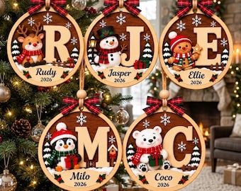 Personalized Christmas Ornament, Wood 2 Layered Holiday Decor, Custom Name Initial Gift, Cute Animal Xmas Bauble, 2026 Family Keepsake
