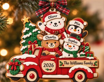 Decorazione natalizia personalizzata con camioncino rosso in legno, cartello natalizio stampato su legno a 2 strati, decorazione per albero di Natale con nomi di famiglia personalizzati, regalo a tema animale