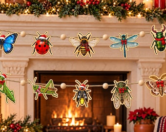 Christmas Insect Wooden Garland, Cute Bug Ornaments With Santa Hats, Whimsical Woodland Holiday Mantel Decor, Gift 2026