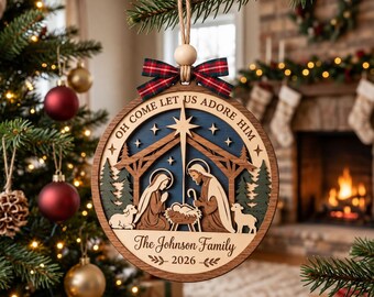 Decorazione natalizia in legno personalizzata con la Natività di Gesù, insegna natalizia in legno a 2 strati, decorazione festiva personalizzata con il nome della famiglia, regalo religioso.