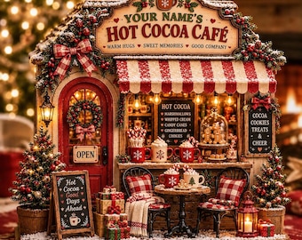 Pode incluir: Uma miniatura de café com chocolate quente, porta vermelha, toldo listrado e duas cadeiras numa mesa pequena. A placa diz YOUR NAME'S HOT COCOA CAFÉ, WARM HUGS, SWEET MEMORIES, GOOD COMPANY. Inclui árvores de Natal, presentes e canecas.