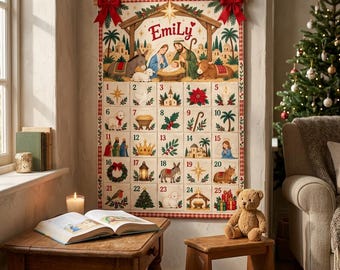 May include: A fabric wall-hanging advent calendar featuring a nativity scene at the top with the name Emily printed in red. The calendar has twenty-five numbered squares, each decorated with festive illustrations including animals, plants, and holiday symbols.