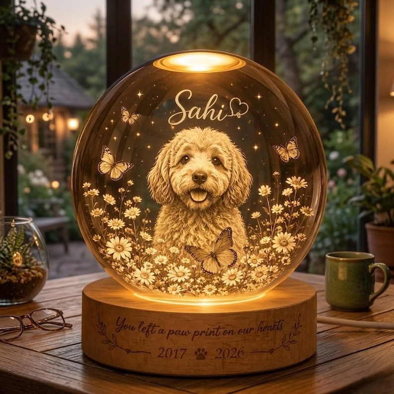 Pode incluir: Uma l&acirc;mpada memorial de vidro esf&eacute;rica com um retrato gravado de um c&atilde;o de pelo encaracolado rodeado por margaridas e borboletas. O nome Sahi est&aacute; gravado acima do c&atilde;o. A base de madeira exibe o texto You left a paw print on our hearts 2017 2026.