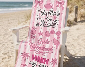Toalha de praia personalizada para fim de semana entre amigas, com iniciais e nomes personalizados, tema "Praias e Melhores Amigas", toalha de banho com palmeiras tropicais, ideal para cruzeiro.