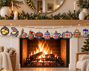 Mexican Christmas Wooden Garland, Colorful Folk Art Kitchen Ornaments, Festive Pottery Inspired Holiday Mantel Decor, Gift 2026