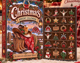 May include: A Christmas advent calendar featuring a western theme with a cowboy hat, boots, and a red bandana on the cover. The box includes 24 individual compartments containing small, detailed ornaments like cacti, horses, and cowboy gear.