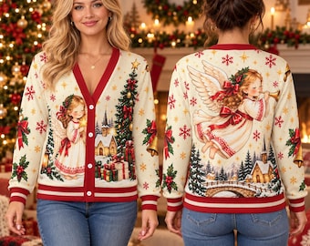 Vintage Christmas Angel Cardigan, Red And Cream Holiday Sweater, Classic Christmas Tree And Snowflake Print, Gift 2026