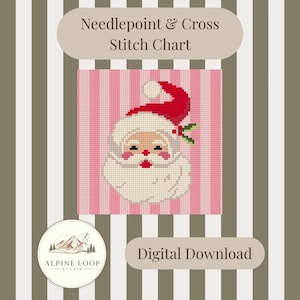 May include: A needlepoint and cross stitch chart digital download featuring a pixelated Santa Claus head with a red hat, white beard, and holly sprig on a pink striped background. The text reads Needlepoint & Cross Stitch Chart.