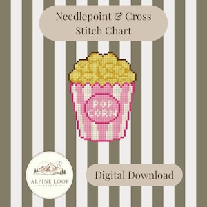 Peut inclure: Un diagramme de point de croix numérique avec un motif de pop-corn. Le pop-corn est dans un récipient à rayures roses et blanches avec le mot "Popcorn". Le diagramme est intitulé "Needlepoint & Cross Stitch Chart" et "Digital Download".