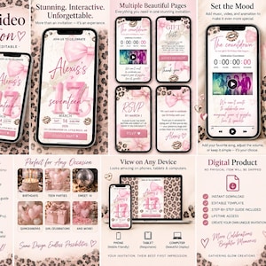 May include: A digital video invitation template for a 17th birthday party featuring a pink and leopard print theme. The design includes editable text, animated pages, and interactive elements like a countdown timer, RSVP button, and music player.